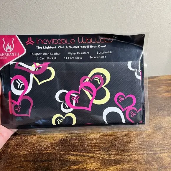Amaranth Inevitable Wallet Clutch Heart Print Tyvek Water Resistant Black Pink - Picture 4 of 8